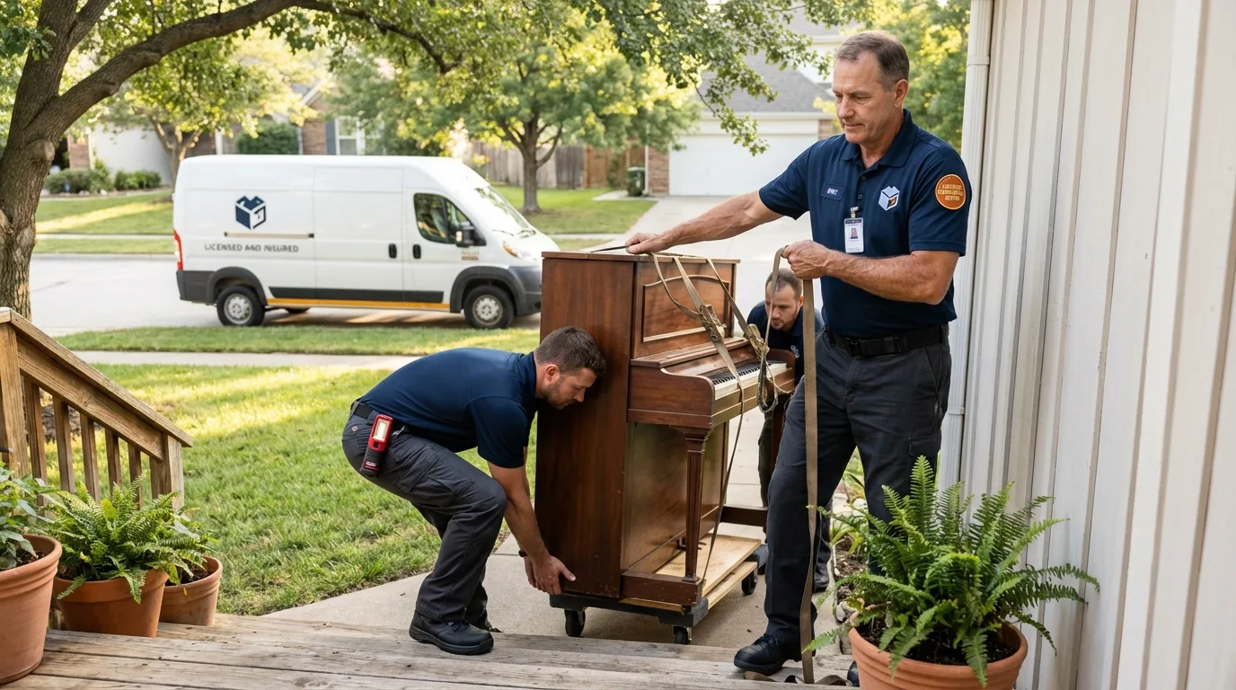 Licensed piano movers securing grand piano in Josephine, TX