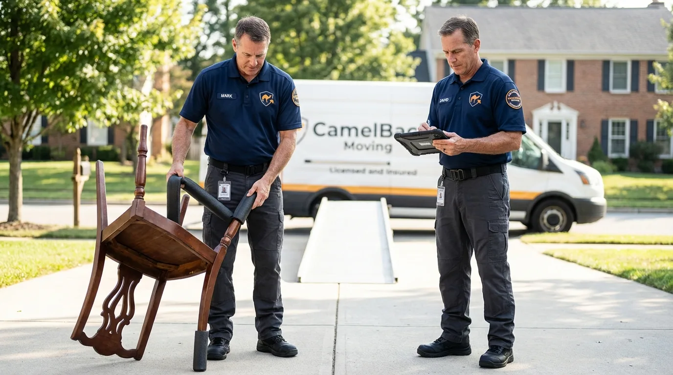 Movers inspecting furniture for damage prevention before loading in Josephine, TX